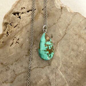 Sterling Silver 925 Southwest Bezel Set Turquoise Cabochon Pendant Necklace 18"